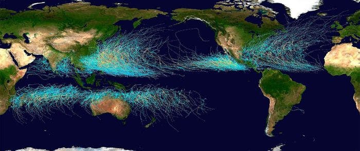 All the tropical cyclones in the years 1985-2005. Map: Wikipedia.