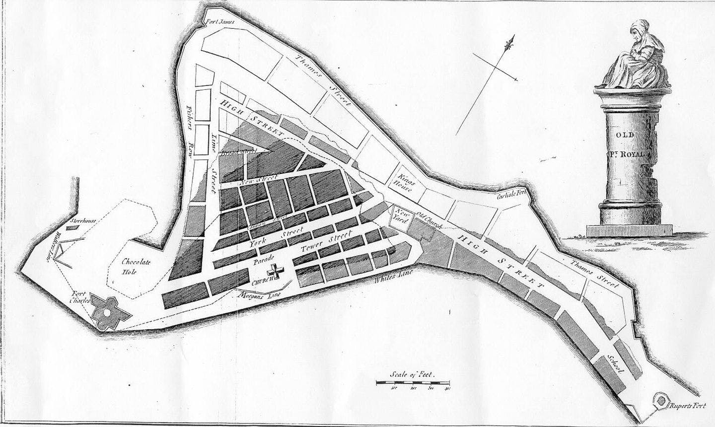 Map of the old Port Royal. White, lost in the 1692 earthquake. Slightly shaded middle section, the part of the city that was flooded by the tsunami. Darkly shaded bottom section is the part of the city that survived. Map: Wikimedia 